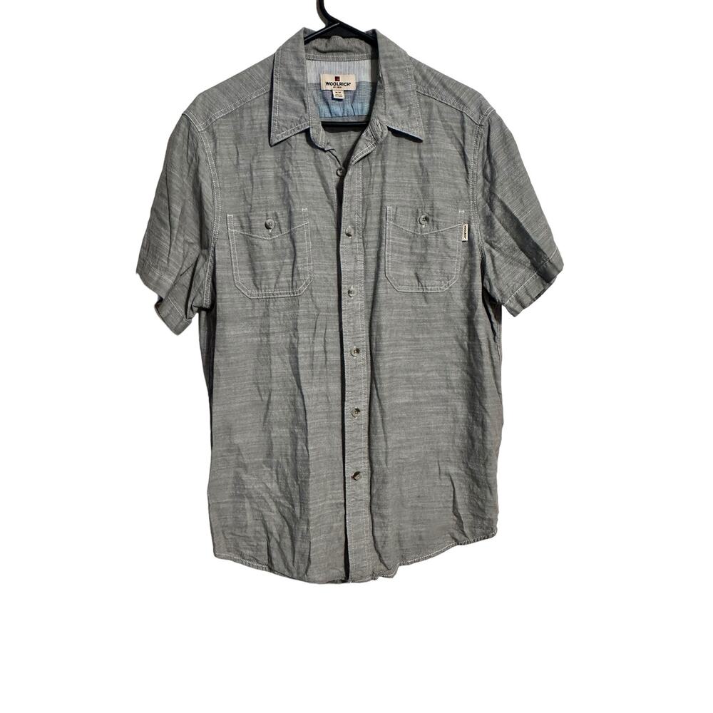 Woolrich Men's Green Gray Short Sleeve Button Up Shirt Size Medium 100% Cotton